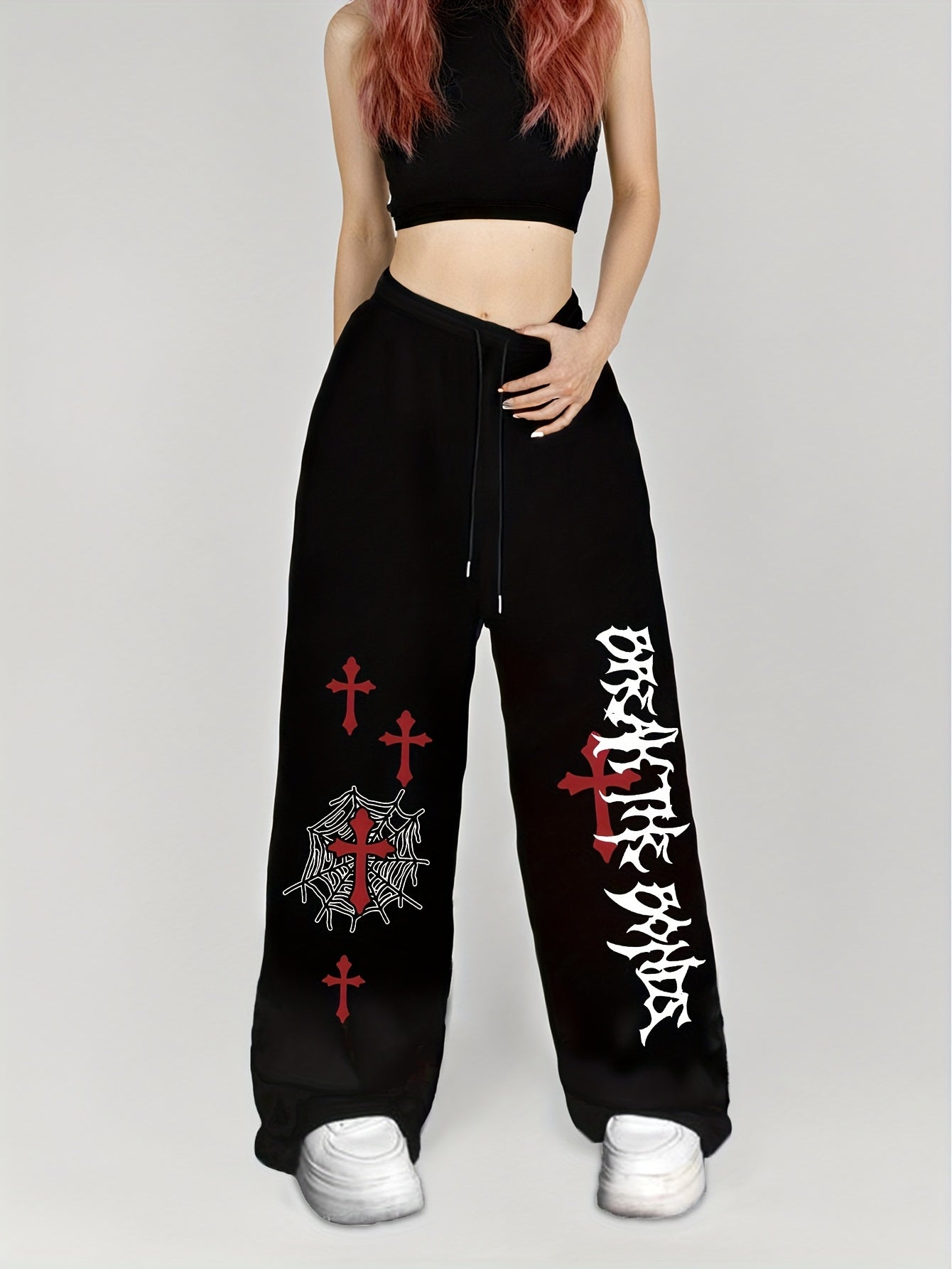 Women'S Black Casual Straight-Leg Pants with Red & White Gothic Print, Drawstring Waist, and Pockets - Perfect for Spring/Fall, Spring Fashion Pants | Gothic Print Pants | Comfortable Fit
