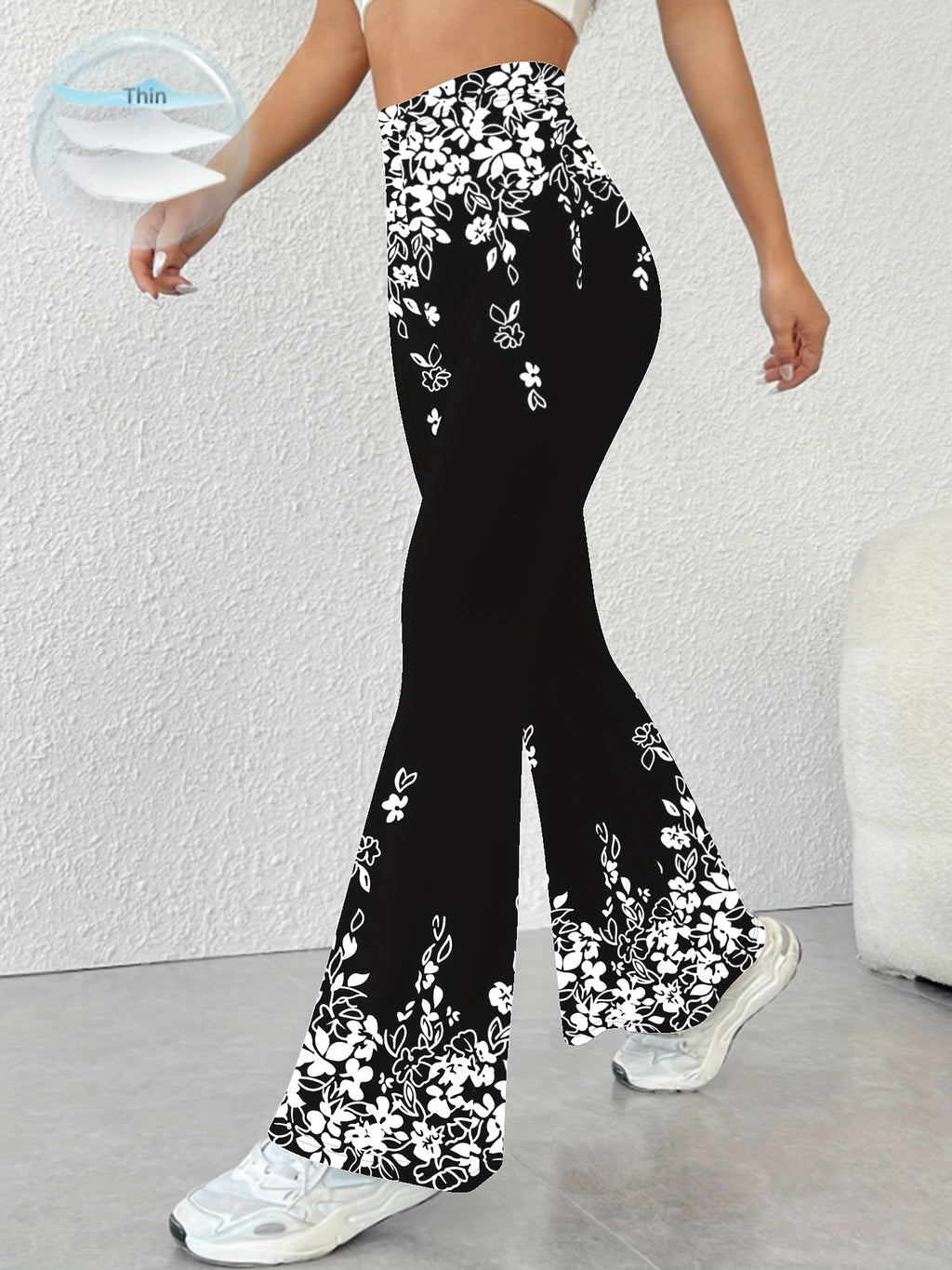 Women's High-Waisted Flared Pants with Black & White Floral Print - Stretchy Elastic Waistband, All-Season Machine Washable Trousers for Casual & Formal Wear - Elegant Women's Fashion, Cute Pants, Comfortable Clothing, Nontransparent Fabric, Versatile Bo