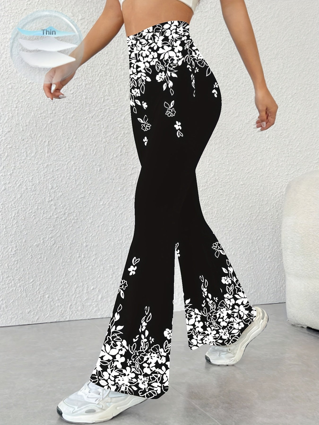 Women's High-Waisted Flared Pants with Black & White Floral Print - Stretchy Elastic Waistband, All-Season Machine Washable Trousers for Casual & Formal Wear - Elegant Women's Fashion, Cute Pants, Comfortable Clothing, Nontransparent Fabric, Versatile Bo