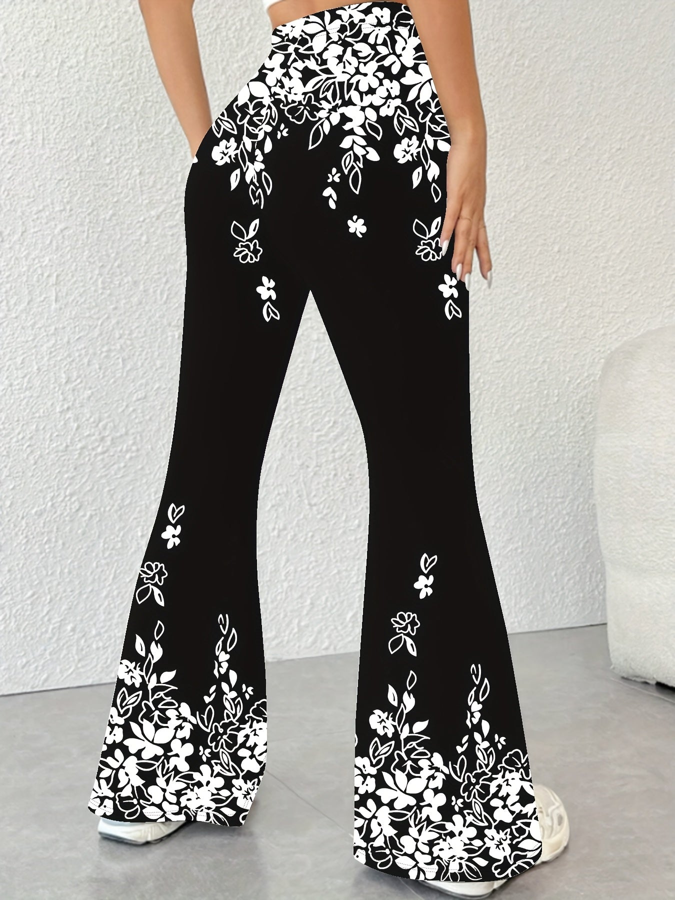 Women's High-Waisted Flared Pants with Black & White Floral Print - Stretchy Elastic Waistband, All-Season Machine Washable Trousers for Casual & Formal Wear - Elegant Women's Fashion, Cute Pants, Comfortable Clothing, Nontransparent Fabric, Versatile Bo
