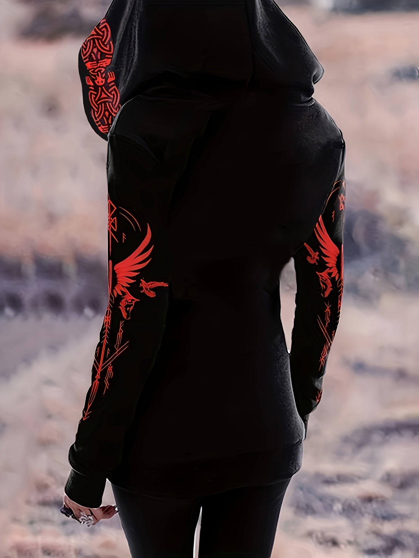 Women's Black Casual Gothic Print Zip-Up Hoodie with Red Graphic Design, Long Sleeve Machine-Washable All-Season Pullover Sweatshirt, Sweater Hoodie