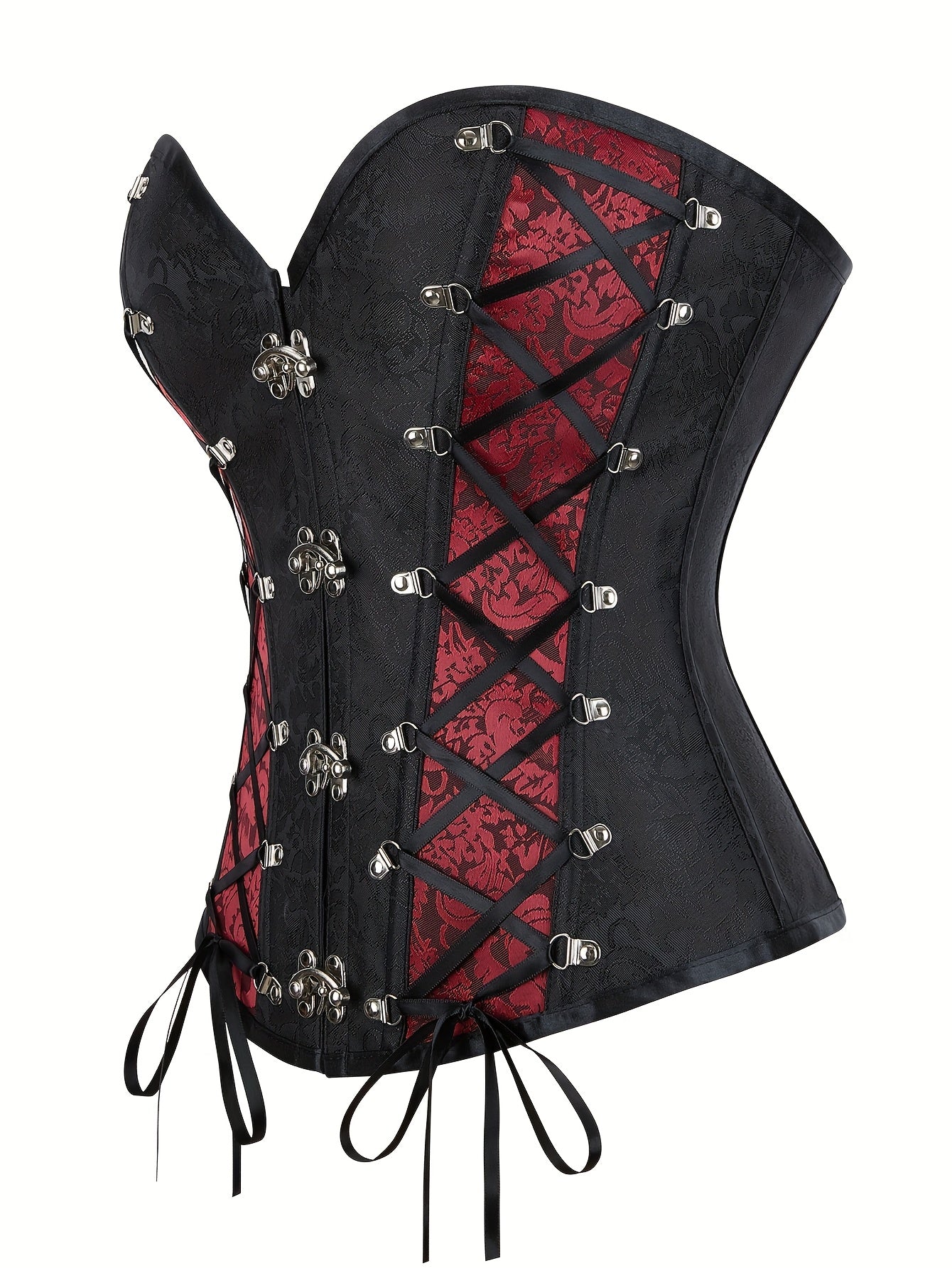 Women's Gothic Victorian Steampunk Corset - Overbust Lacing Front Closure with Burgundy & Black Lace Trim, Boning & Cross-Over Lacing System, High & Structure for Costume Balls, Renaissance Fairs, Themed Events - Hand Washable - Gothic Aesthetic with Red