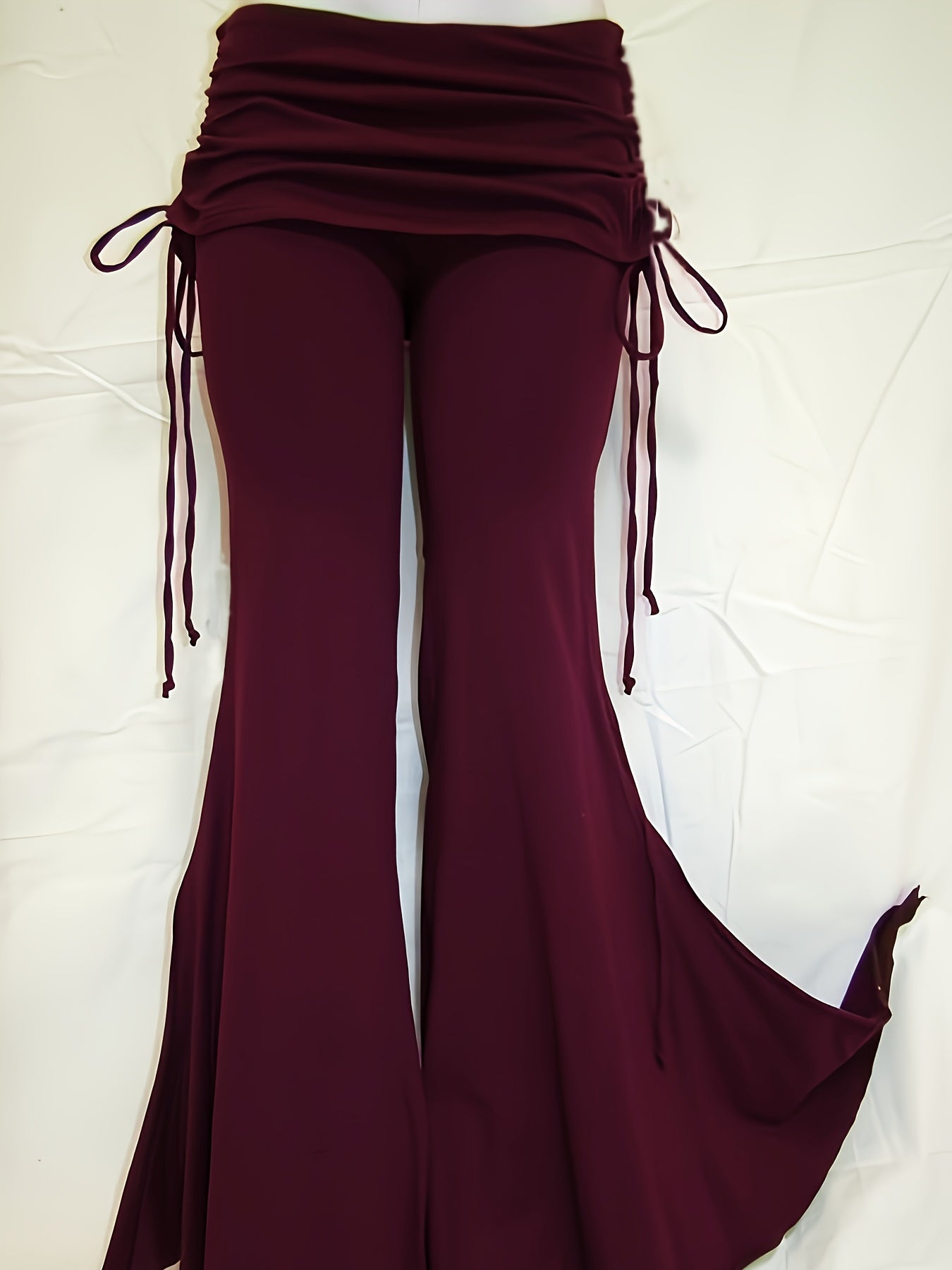 Women's Vintage Gothic Wide-Leg Tapered Floor-Length Pants - Deep Burgundy Solid Color with Drawstring Waist & Asymmetrical Hem, Structured Fit for Fall/Spring, Machine Washable Elegant Formal & Everyday Pants - Retro Style with Flowing Wide-Leg Design &