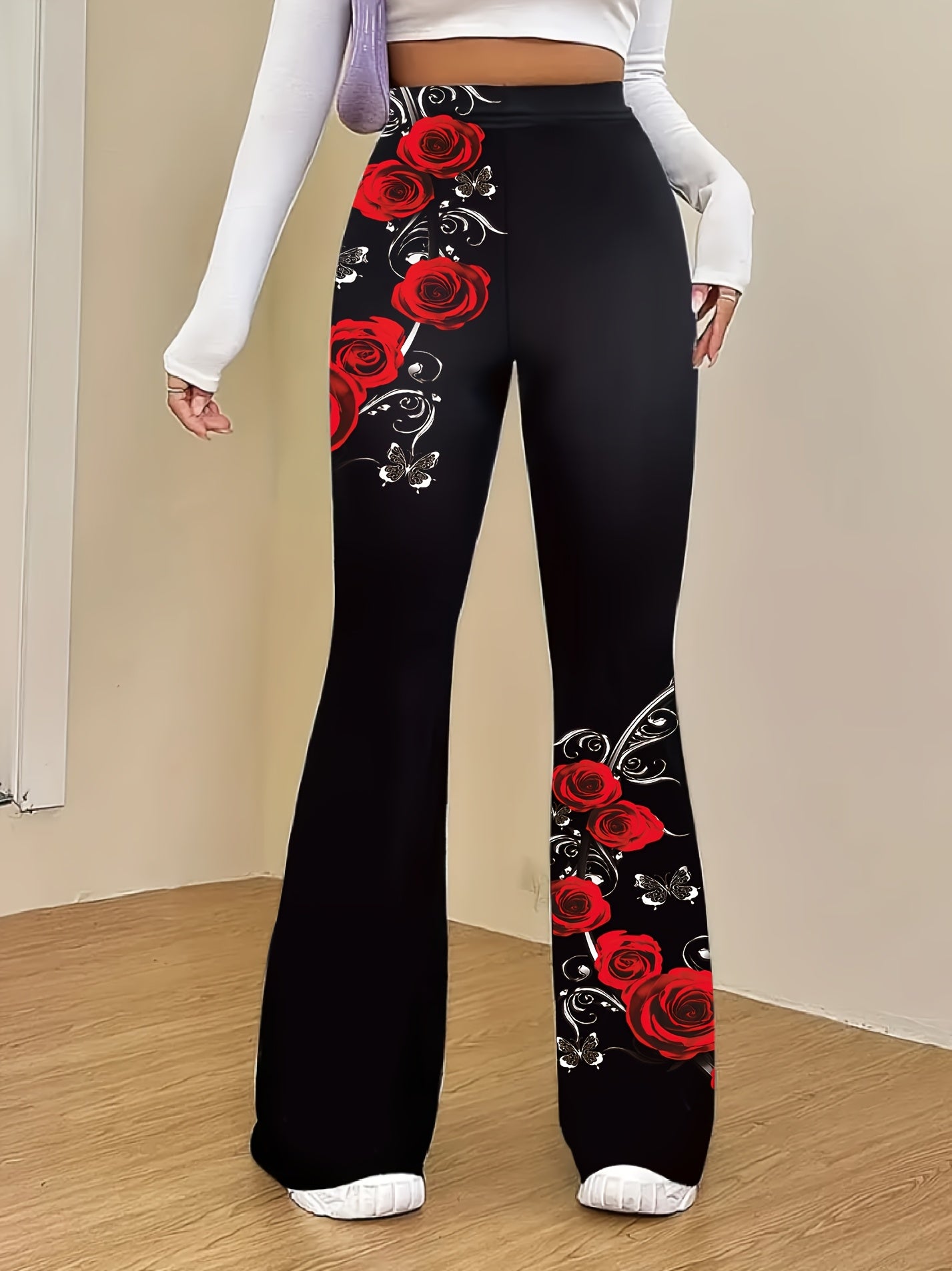 Women'S Elegant Floral Print Flare Leg Pants - Black with Red Roses & Green Leaves, Wide-Leg Design, All-Season Comfort, Perfect for Casual or Formal Occasions, Comfortable Fashion | Floral Print Pants | Stretchy Fabric