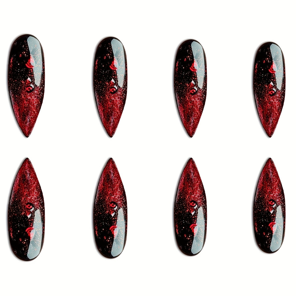 24pcs set of long almond-shaped dark red-black gradient fashionable glossy nails, perfect for all women and s. Comes with a nail file and jelly glue for easy application