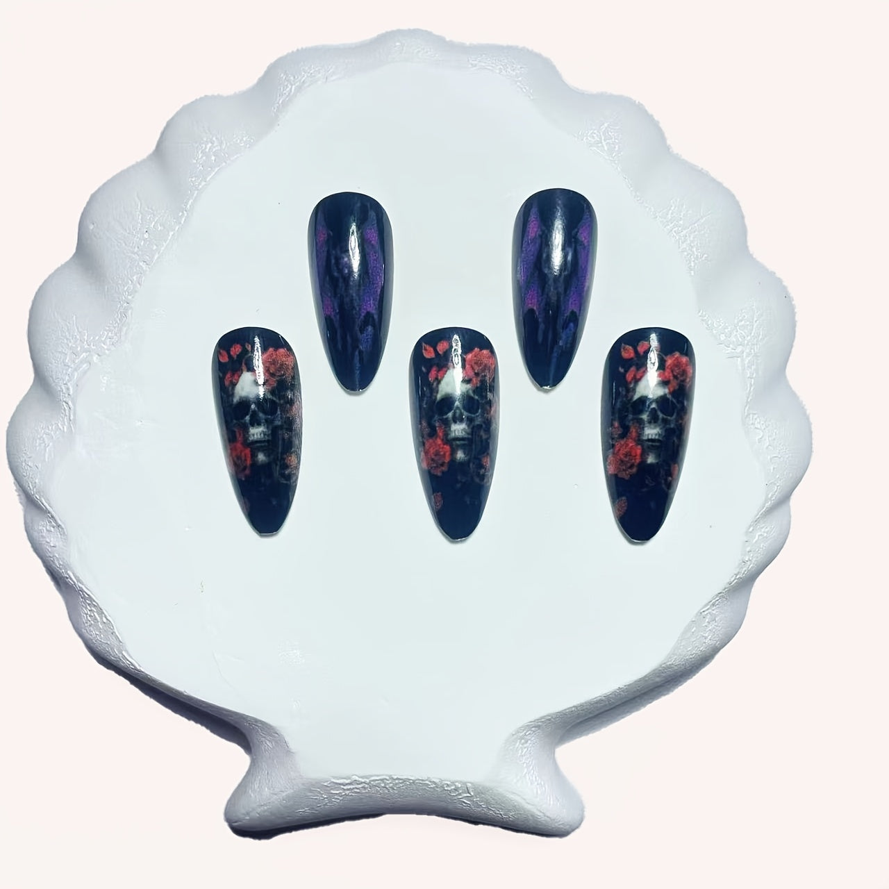 Black Halloween Almond-Shaped Medium-Length False Nails with Skull, Rose & Bat Design for Women - Glossy Finish