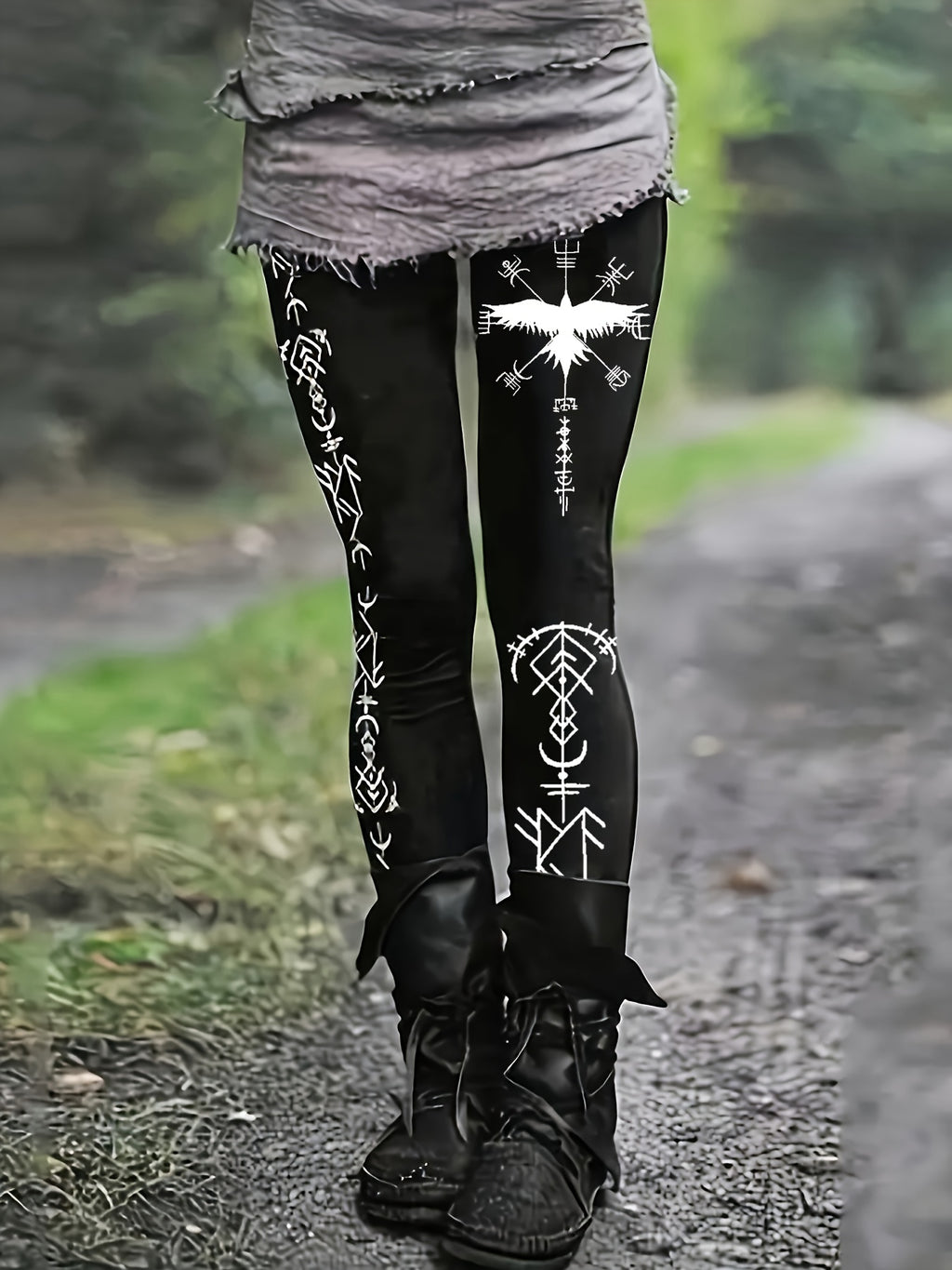 Women's Gothic Viking Norse Rune Tight-Fit Leggings - Black & White Viking Ship & Rune Print Trousers, All-Season Machine Washable Casual to Formal Wear for Themed Events & Everyday Outfits, Geometric Pattern with Celtic Knot & Viking Ship Designs, Snug