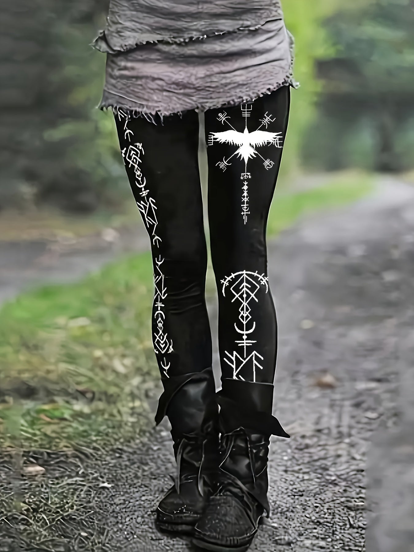 Women's Gothic Viking Norse Rune Tight-Fit Leggings - Black & White Viking Ship & Rune Print Trousers, All-Season Machine Washable Casual to Formal Wear for Themed Events & Everyday Outfits, Geometric Pattern with Celtic Knot & Viking Ship Designs, Snug