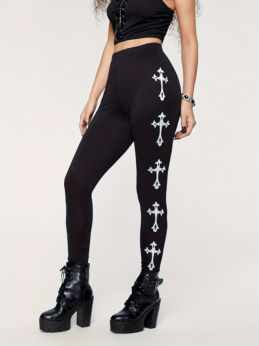 Chic Women's Stretchy Leggings with Unique Cross Print - Comfortable Polyester Blend, Machine Washable - Perfect for All Seasons