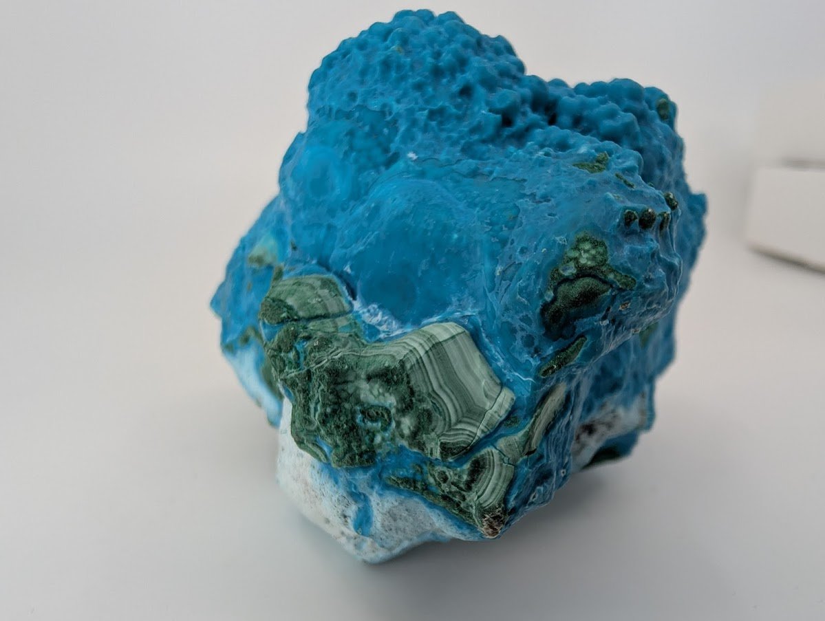 Congo Chrysocolla with Malachite – Botryoidal Specimen with Exposed Veins & Growth Rings (434g)