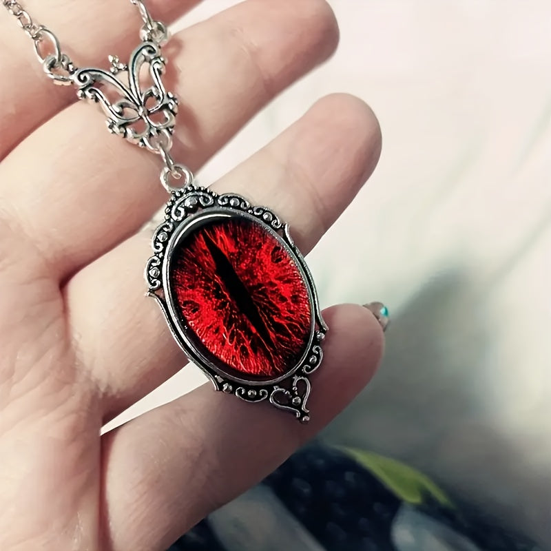 Gothic Bloody Red Cat Eye Relief Charm Pendant Necklace, Vintage Vampire Witch Jewelry Accessories Gift