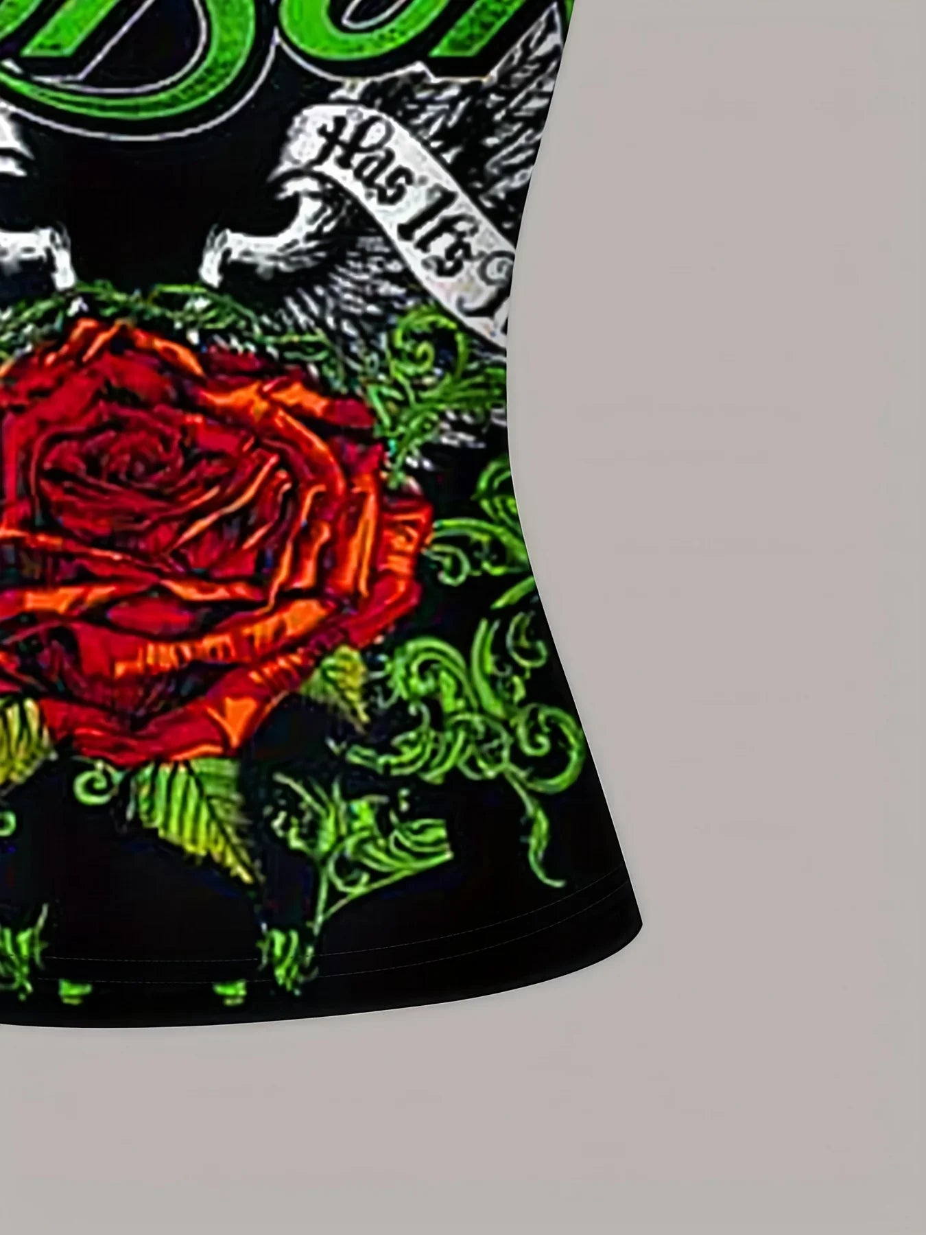 Women'S Elegant Green Rose Print Sleeveless Tank Top - Soft Polyester Fabric, Summer Style, Spaghetti Strap, Floral Design with "Paisley" Text, Floral Tank Top|Elegant Tank Top|Polyester Fabric