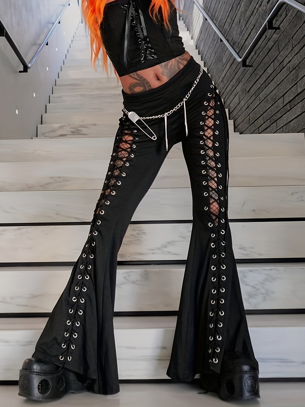 Lilac XN Women'S Gothic Black Streetwear Flare Pants - Sexy Elastic Waist with Tie-Front Detail, Thick Platform Heel, Summer Casual & Party Wear, Flared Leg Pants, Party Attire, Edgy Fashion, Metallic Accents