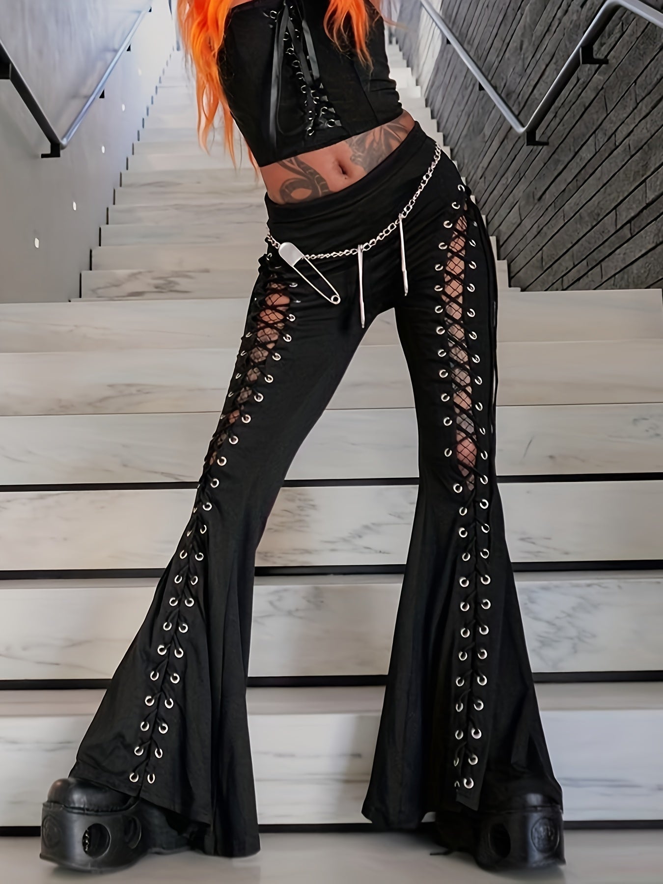 Lilac XN Women'S Gothic Black Streetwear Flare Pants - Sexy Elastic Waist with Tie-Front Detail, Thick Platform Heel, Summer Casual & Party Wear, Flared Leg Pants, Party Attire, Edgy Fashion, Metallic Accents