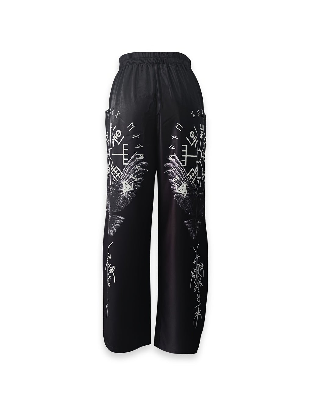 Women'S Stylish Wide-Leg Black Pants with Geometric Print Side Pockets - Casual Polyester Fabric, Perfect for Spring/Summer/Fall, Casual Attire|Geometric Print Pants|Woven Texture