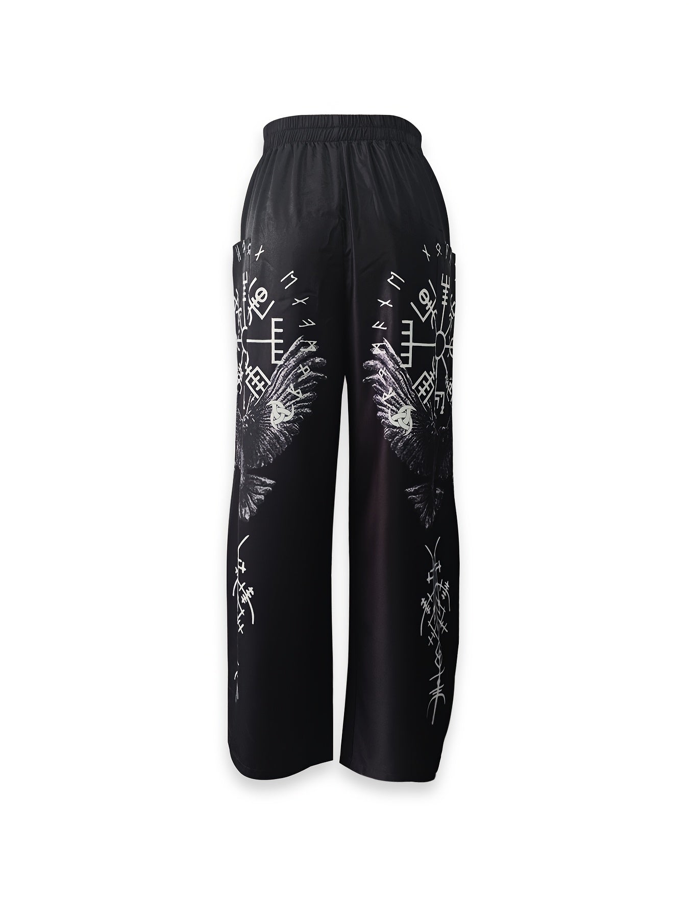 Women'S Stylish Wide-Leg Black Pants with Geometric Print Side Pockets - Casual Polyester Fabric, Perfect for Spring/Summer/Fall, Casual Attire|Geometric Print Pants|Woven Texture
