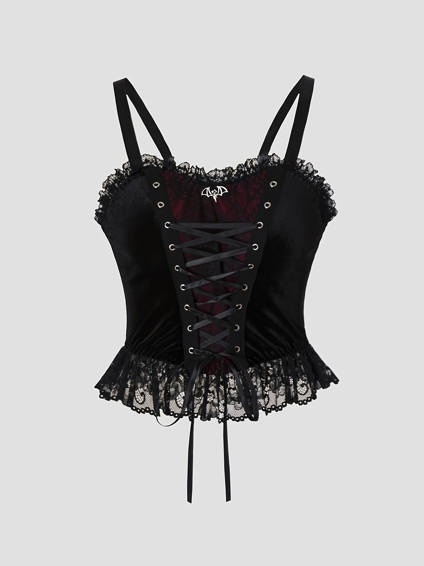 's Gothic Y2K Burgundy & Black Lace-like Short Sleeveless Smock Top - Adjustable Lacing Back, Short Length (No Padding), Retro Vintage Collar - Layering Piece for Dresses, Blouses, Gothic Outfits (Hand Washable)