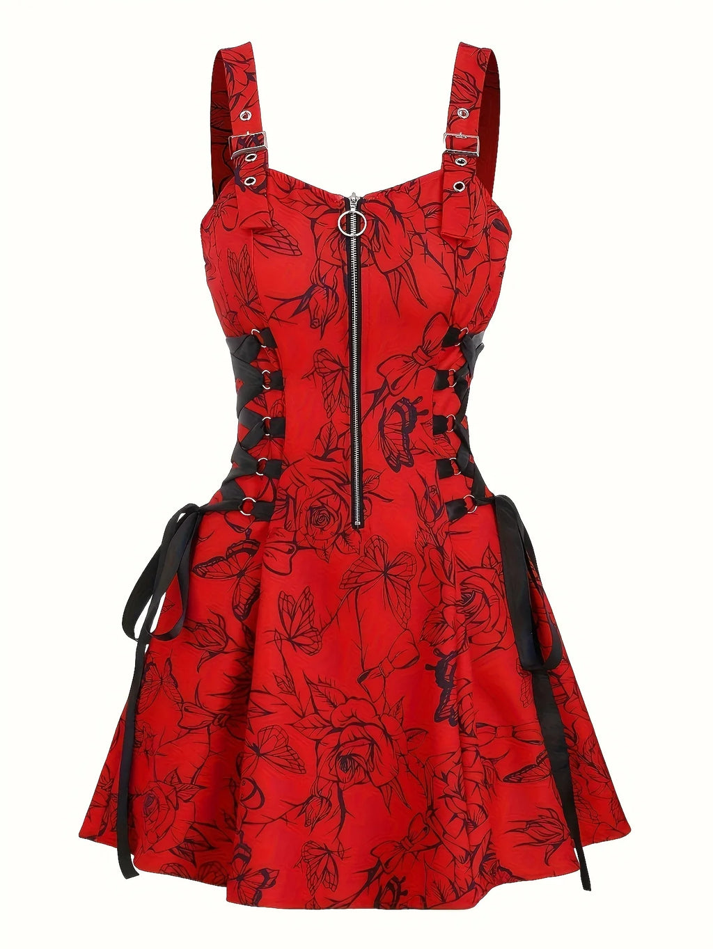 Women's Red Floral Print Off-Shoulder Spaghetti Suspender Dress with Zipper & Buckle Details - Machine Washable Polyester Casual Elegant Spring Summer Outfit, Stylish Daywear, Buckle Front Closure, Intricate Pattern Design