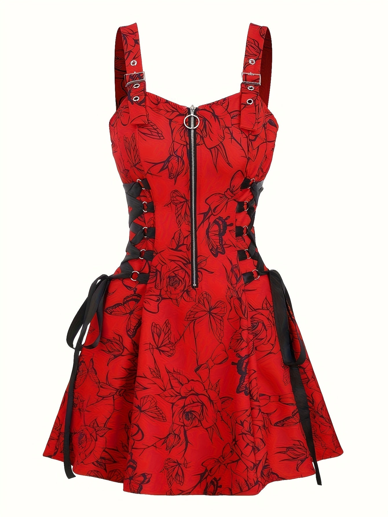 Women's Red Floral Print Off-Shoulder Spaghetti Suspender Dress with Zipper & Buckle Details - Machine Washable Polyester Casual Elegant Spring Summer Outfit, Stylish Daywear, Buckle Front Closure, Intricate Pattern Design