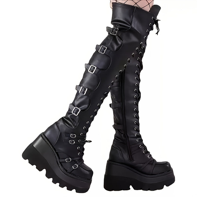 Women'S Punk Rock Boots with Thick Platform Sole - Gothic Heavy Boots, Chunky Mid-Heel, Lace-Up Closure, Synthetic Cover-like Upper - Edgy Boots for Concerts, Parties, Everyday - All-Season Statement Footwear, Party Footwear, Metallic Eyelets Design