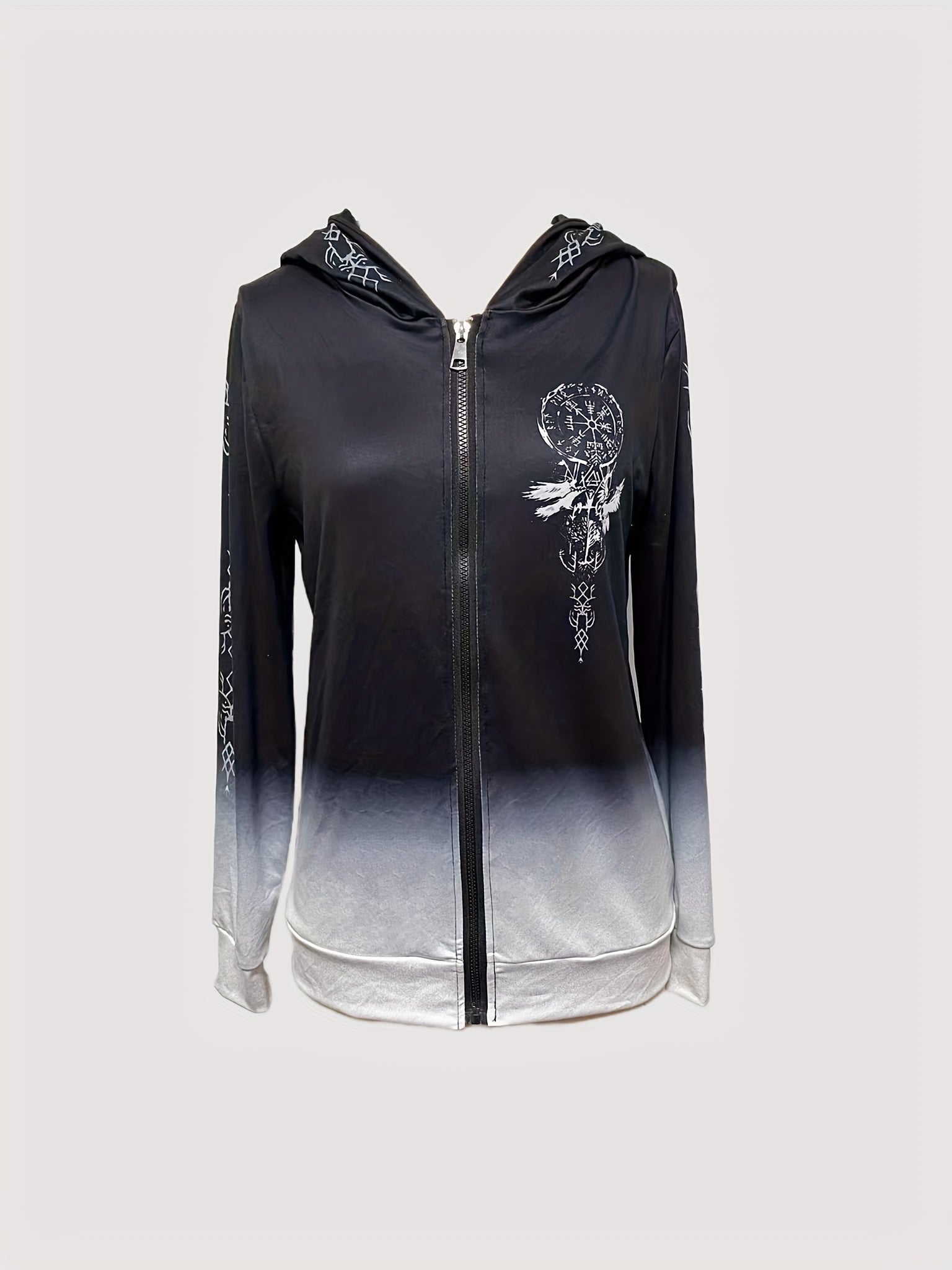 Vintage-Inspired Gradient Zip-Up Hoodie for Women - Long Sleeve, Polyester, Machine Washable