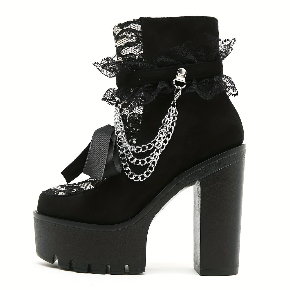 GDGYDH Women's Chunky Platform Boots - Gothic Vintage ankle boots with Lace-like side zipper, Chunky heels for Dresses, Parties, Everyday - All-Season Gothic footwear (Black/Chain accented), Party Shoes, Floral Pattern Footwear, Durable Sole Shoes, Pu Co