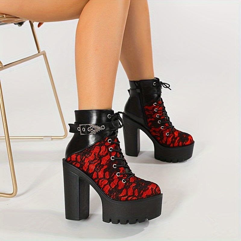 Gothic Chic: Vintage Lace Red High Heel Ankle Boots with Platform Sole - Perfect for Dressy Occasions And Fall Season