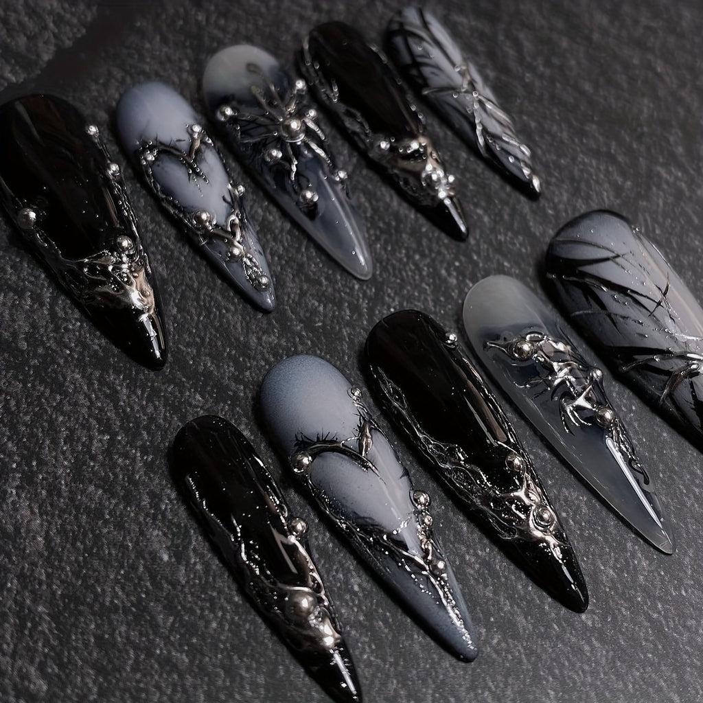 10-Pack Handmade Full Cover Nail Tips for Women, Reusable Long Stiletto Nail Art, Black Geometric Chrome Finish, Glossy Nail Set, Drop Shape, Long Length