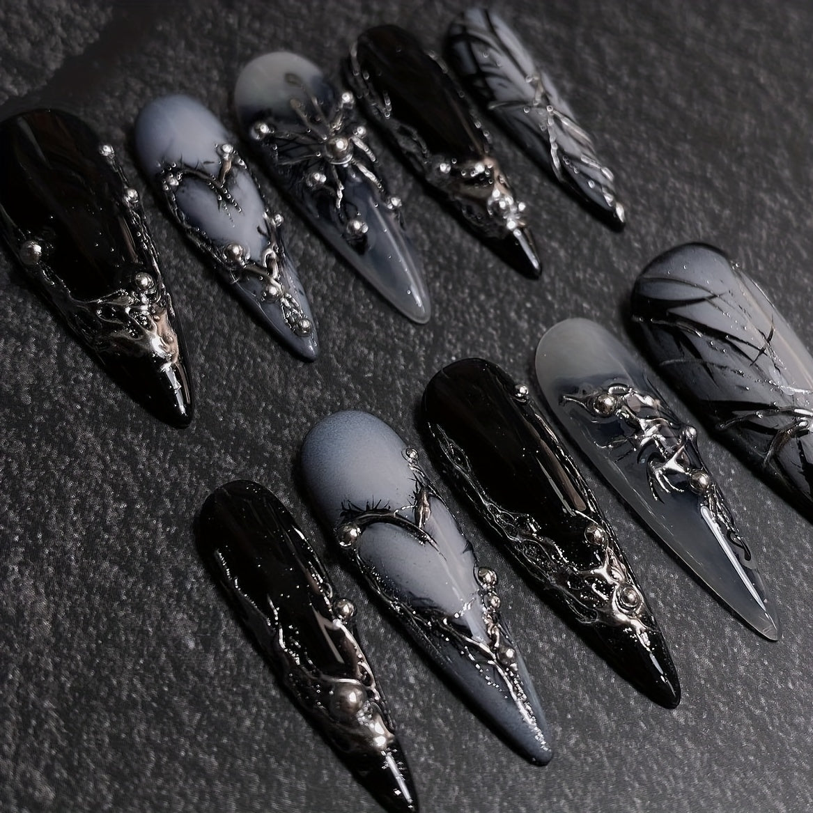 10-Pack Handmade Full Cover Nail Tips for Women, Reusable Long Stiletto Nail Art, Black Geometric Chrome Finish, Glossy Nail Set, Drop Shape, Long Length