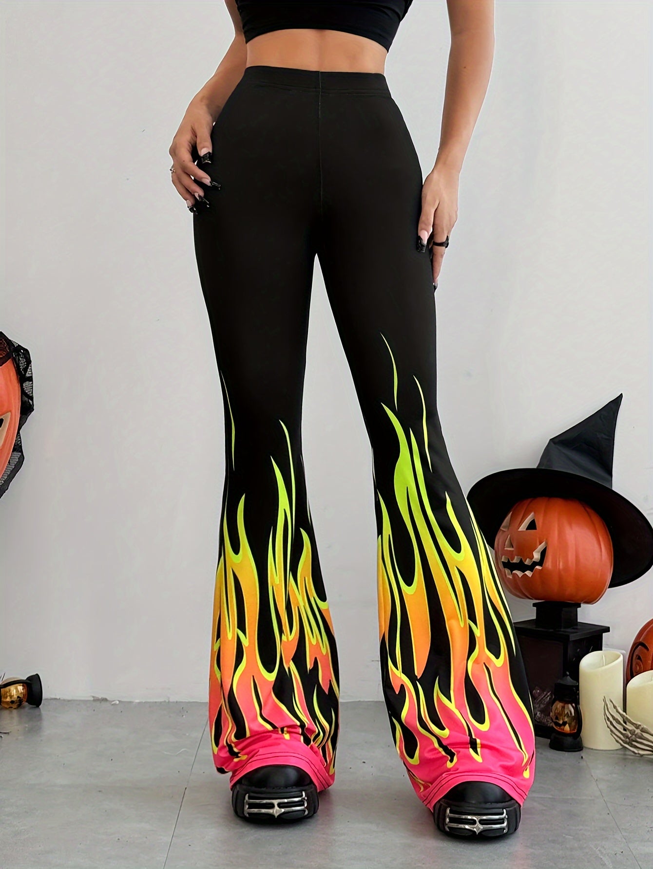Women's High Waist Flame Print Bell Bottom Pants - Polyester Knit Fabric, Stretchy, Casual Style, All-Season, Fitted Flare Leggings