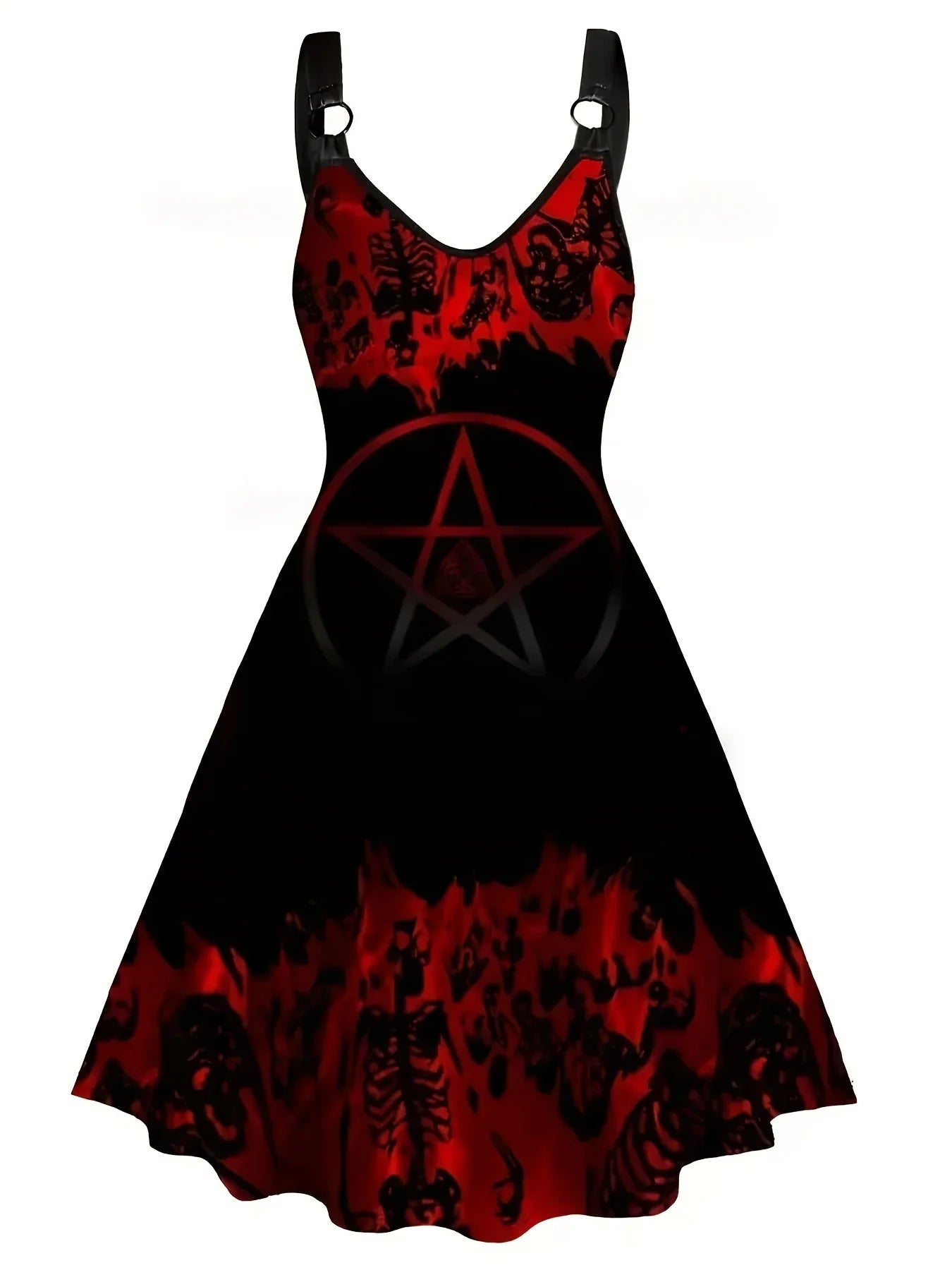 Women'S Gothic Flame Skull Art Print Sleeveless Dress - V-Neck, Black with Red & White Design, Casual Summer Dress for Spring/Summer/Fall, Autumn Casual Wear | Skull Print Dress | Sleeveless Dress