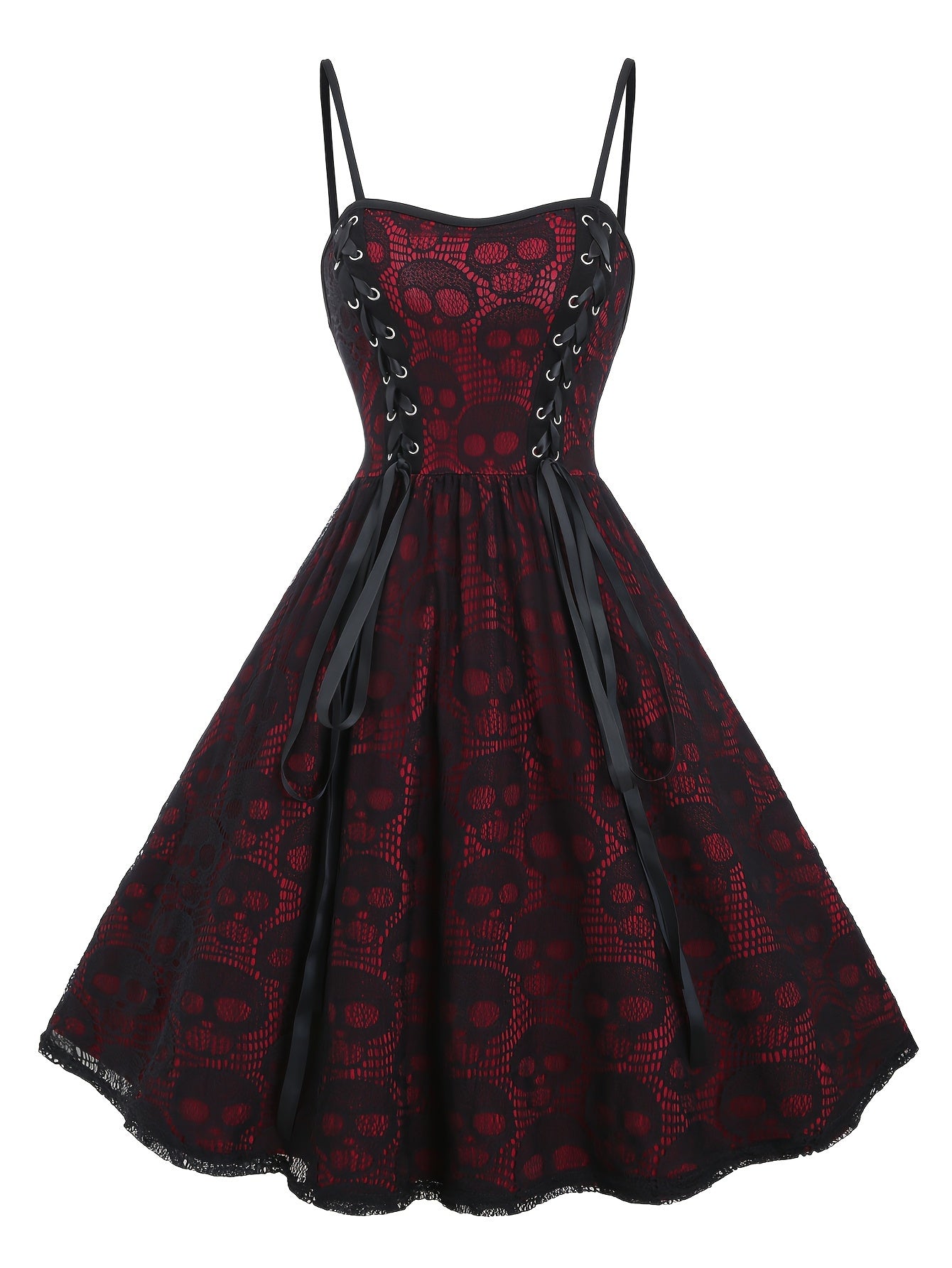 Contrast Lace Tie Front Flared Dress, Vintage Sleeveless Cami Dress For Spring & Summer, Women's Clothing