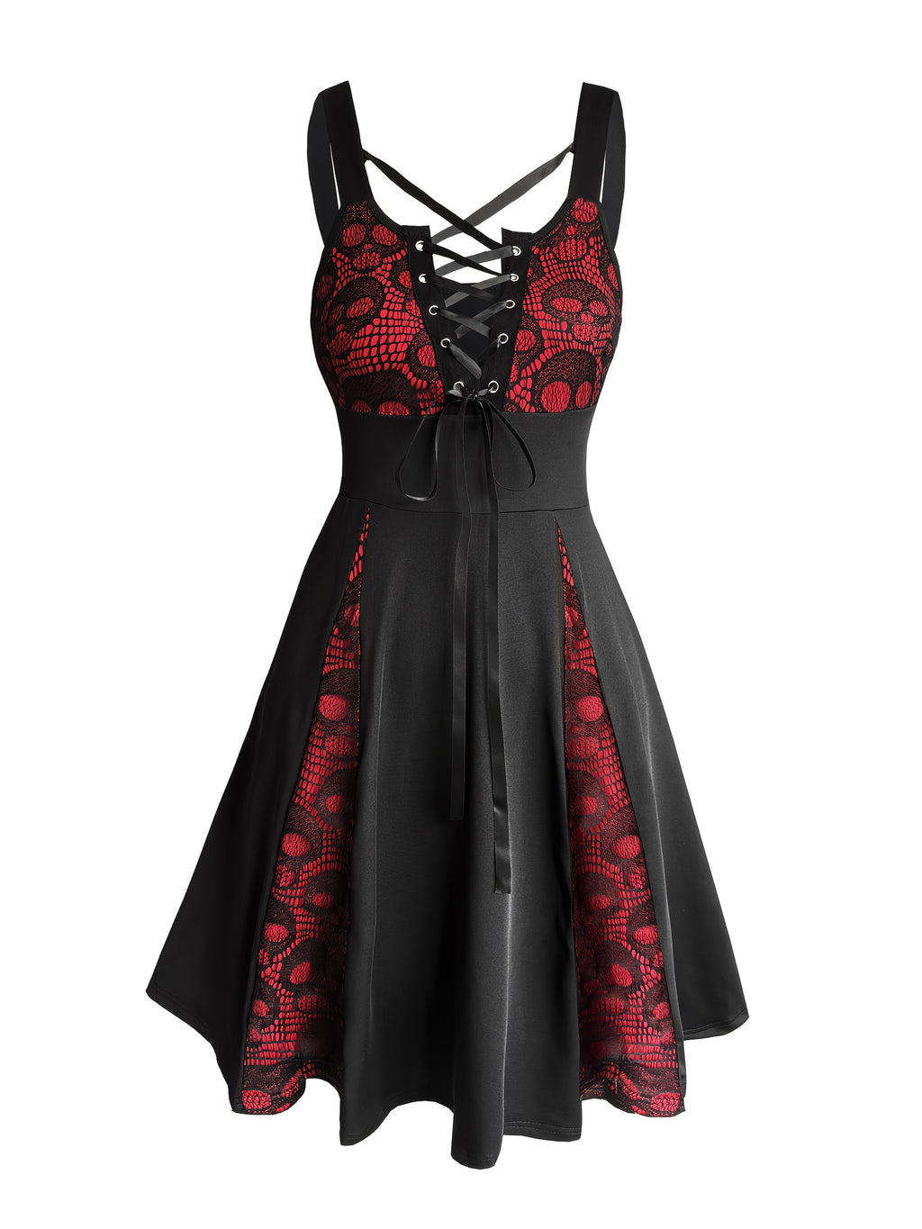 Women'S Gothic party dress - Sexy A-Line skirt with front tie-up, Black & Lace-like accents, for Nightclub, Halloween, Everyday Outfits - All-Season Formal & Casual Attire, Nightclub Attire, Vneck Design, Lace Detailing