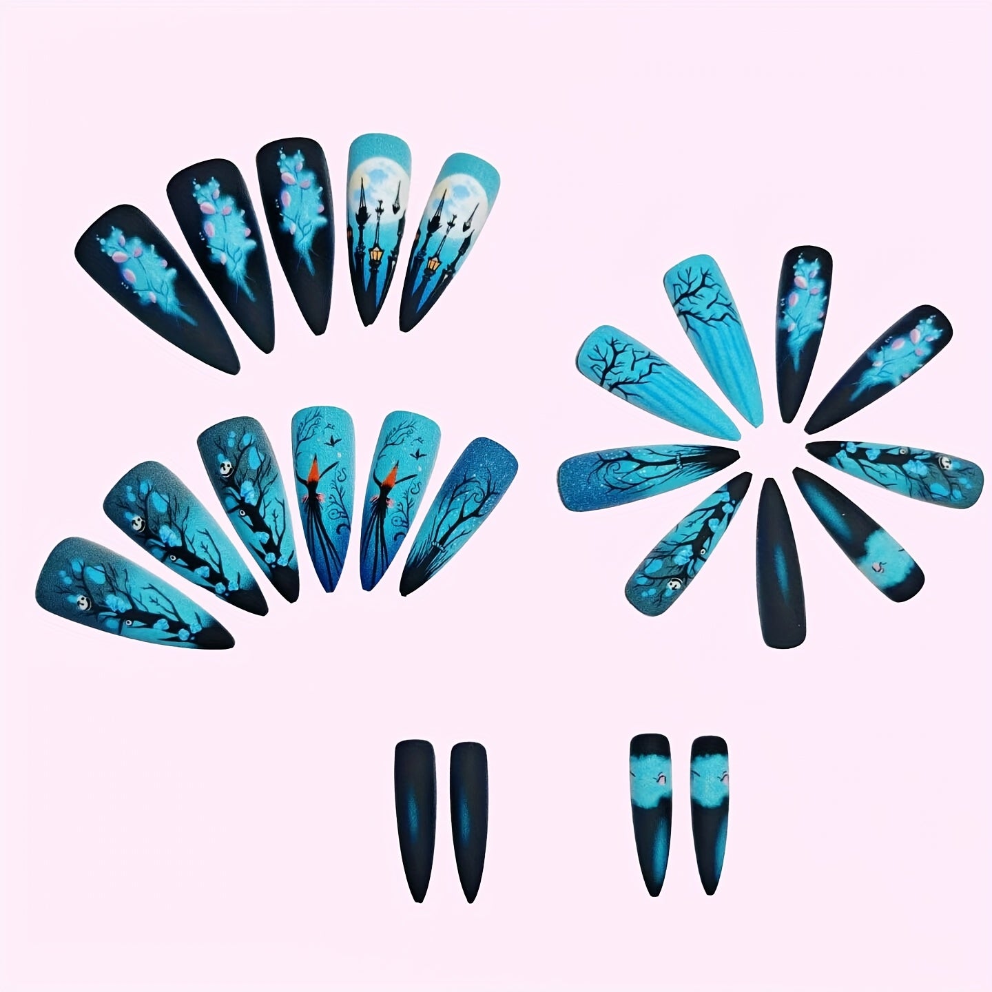 24pcs Halloween Gothic Night Forest: "Gothic" corresponds to the dark style of Halloween, featuring a night forest scene with trees in nail art. Removable press-on nails