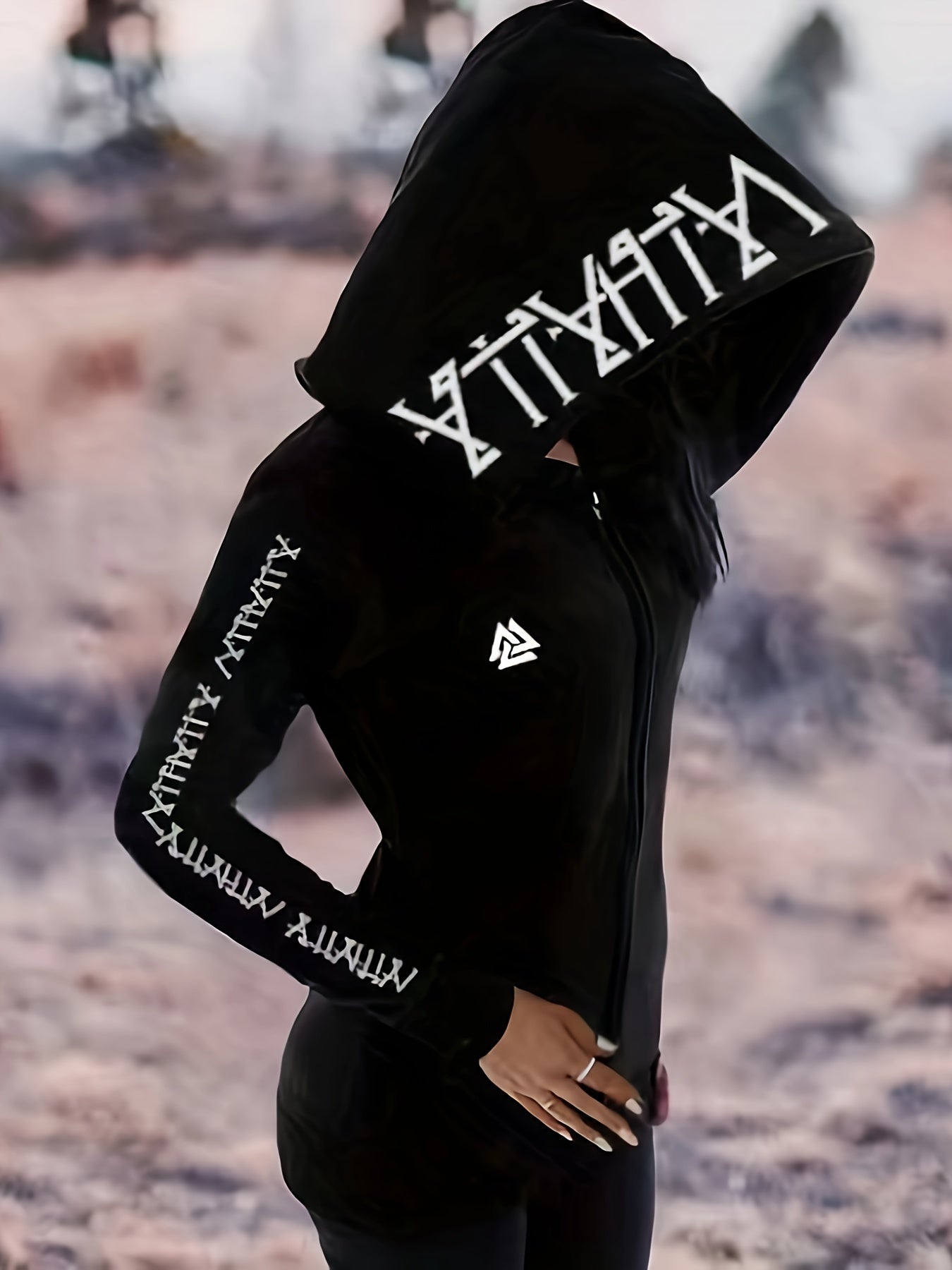Vintage Gothic Viking Pattern Hoodie for Women, Long Sleeve Zipper Sweatshirt with Drawstring