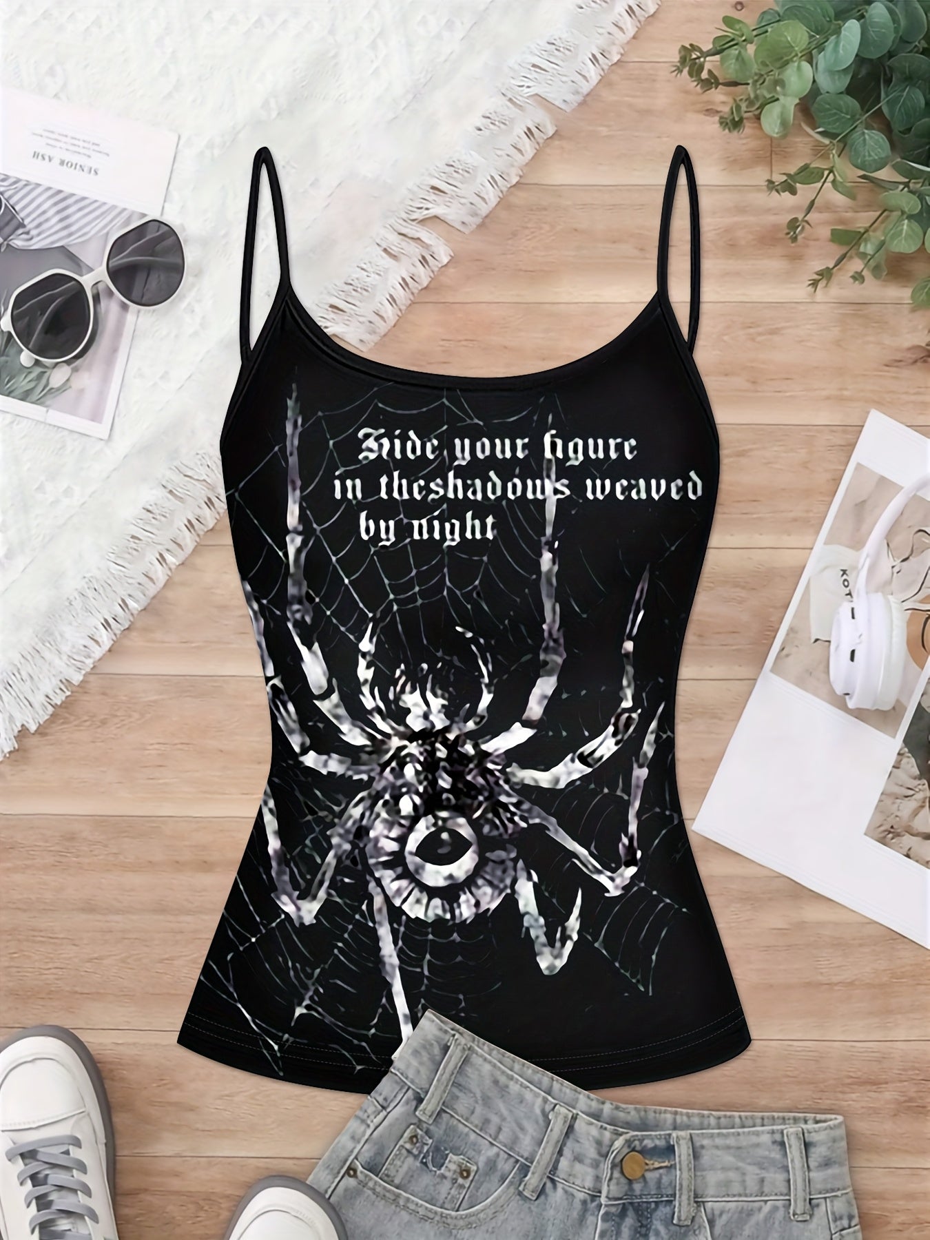 3pcs Black Gothic Tank Tops with Embroidered Spider & Skull Designs - "Hide Your Heart in the Shadows Weaved by Night" Print, Elegant Spaghetti Strap Style, Machine Washable, Summer Casual Wear for Women, Summer Casual Wear | Gothic Tank Tops | Embroider