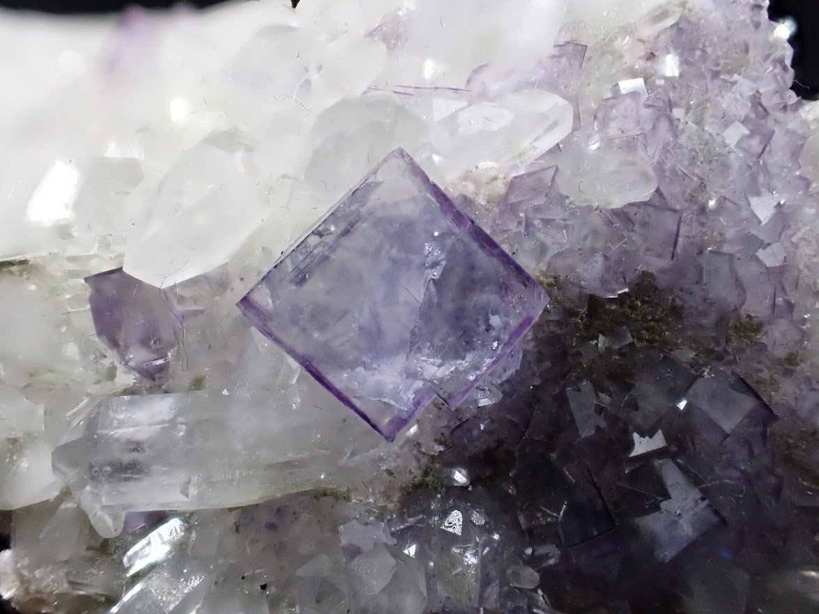 Fluorite on Quartz with Chlorite and UV Fluorescence – Yaogangxian Mine, Hunan, China