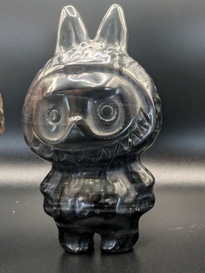 Labubu Carvings 3" – Black Obsidian or Golden Moonstone with Smoky Quartz
