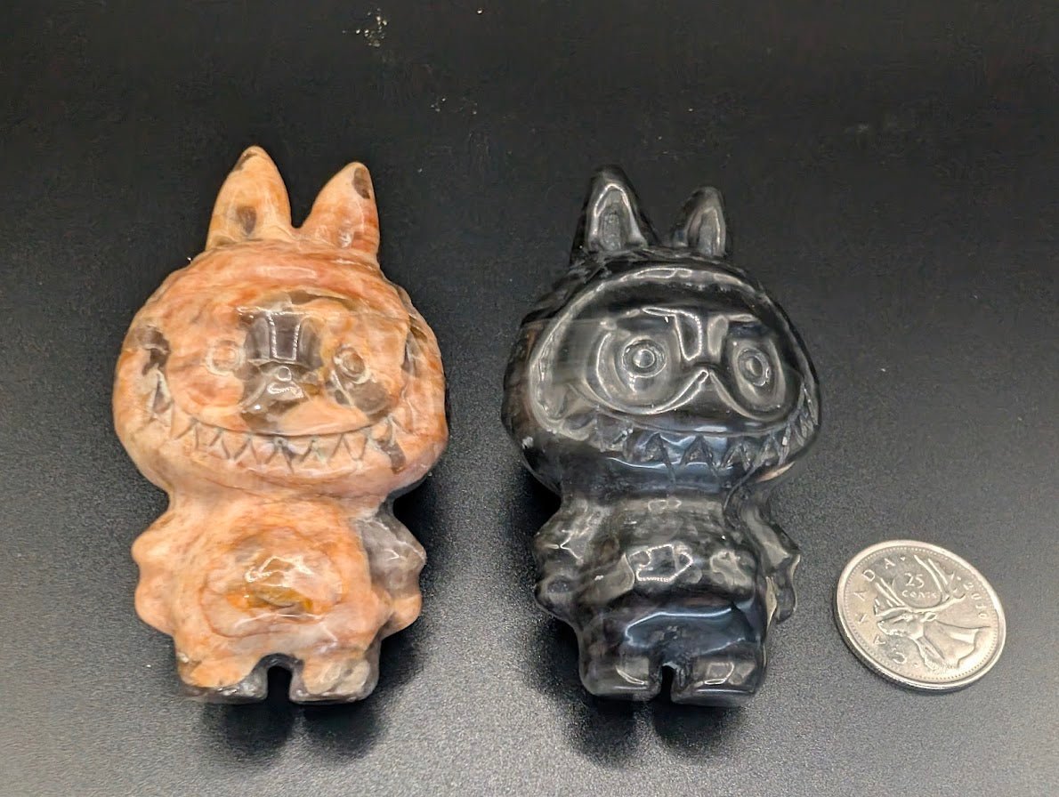 Labubu Carvings 3" – Black Obsidian or Golden Moonstone with Smoky Quartz