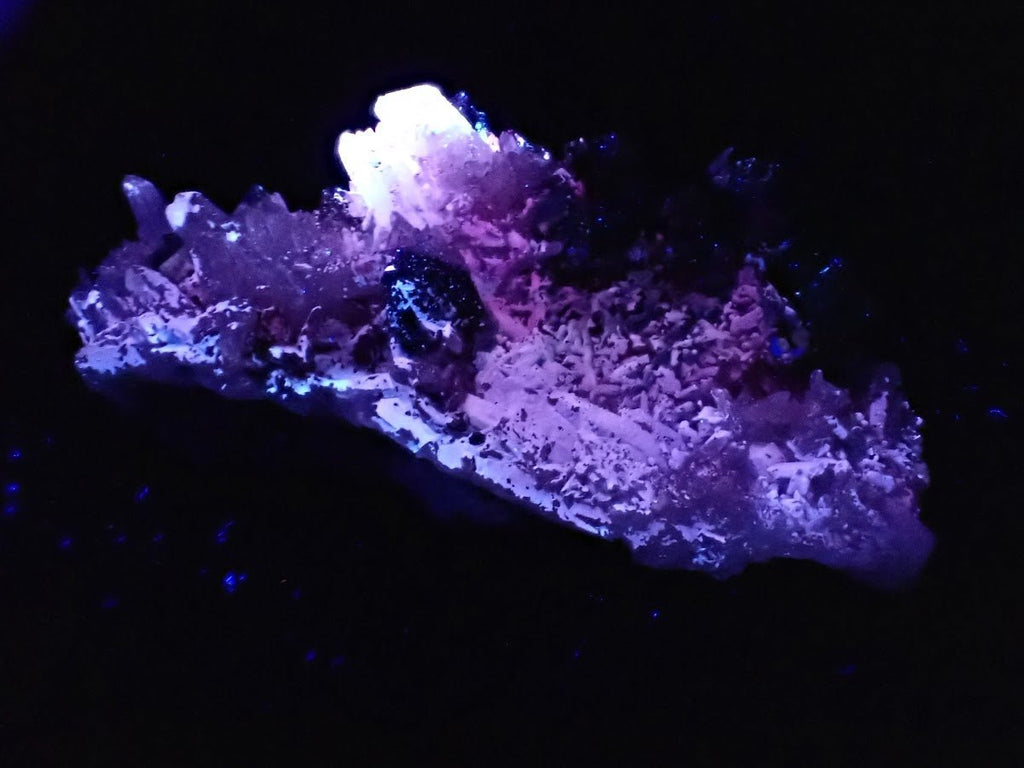Pyrite and Quartz on Blue Gibbsite – Shangbao Mine, Hunan, China