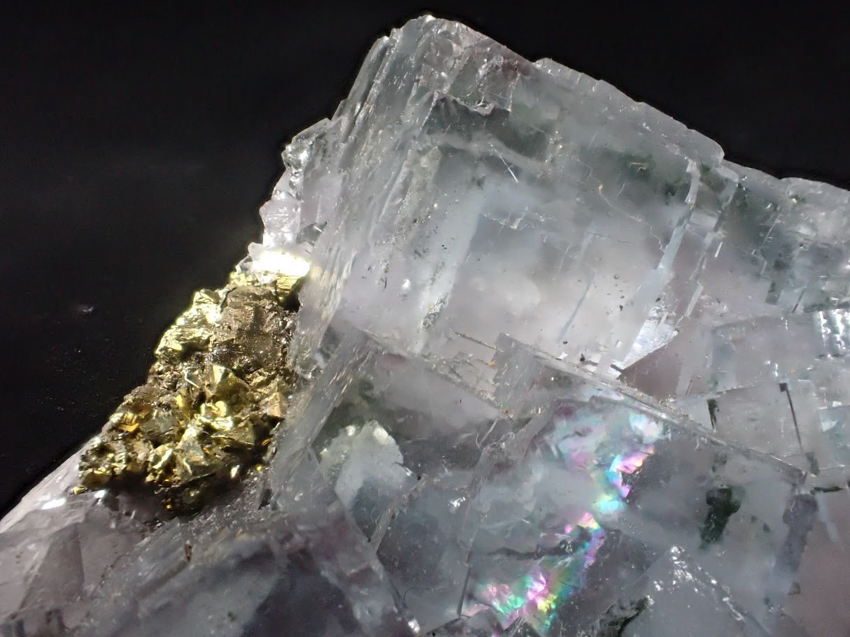 YGX Fluorite with Pyrite – Rare Transparent Fluorite Cluster with UV Glow (198g)